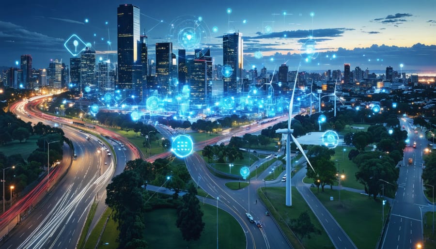 Conceptual illustration showing futuristic Australian urban landscape with integrated renewable energy systems, smart buildings, and connected infrastructure symbolizing the transformation into smart cities.