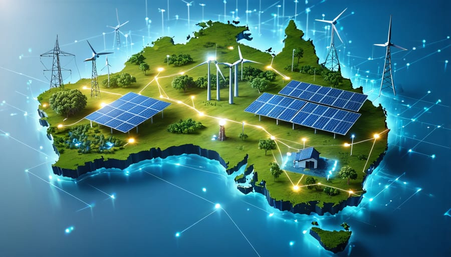 Conceptual illustration of Australia's smart grid network, featuring interconnected renewable energy sources, communication systems, and regional technology partnerships, symbolizing resilience and innovation in the power infrastructure.