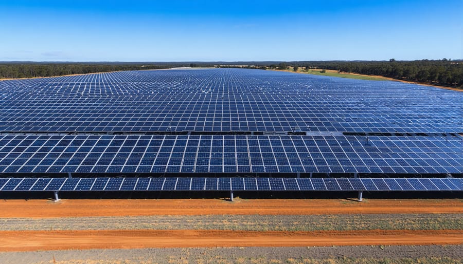 Large solar farm installation in the Australian outback with thousands of solar panels