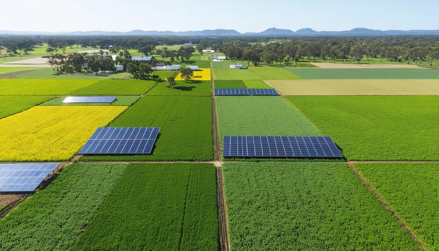 Aerial view of an Australian farm with diverse carbon sequestration practices, including cover cropping and no-till farming, set against a backdrop of green fields and solar panels.
