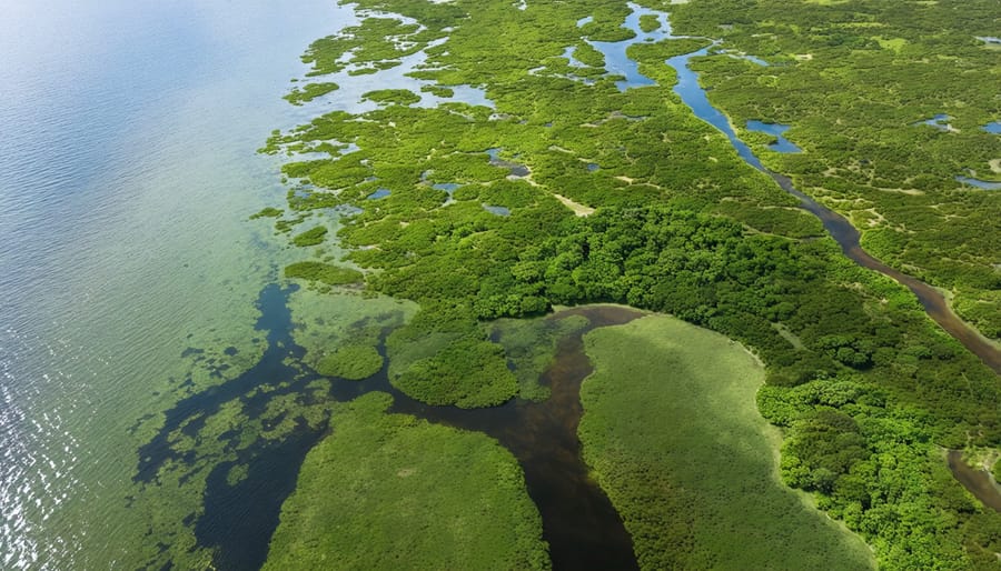 Vibrant blue-green coastal waters showing extensive mangrove forests and underwater seagrass beds along the Australian coastline