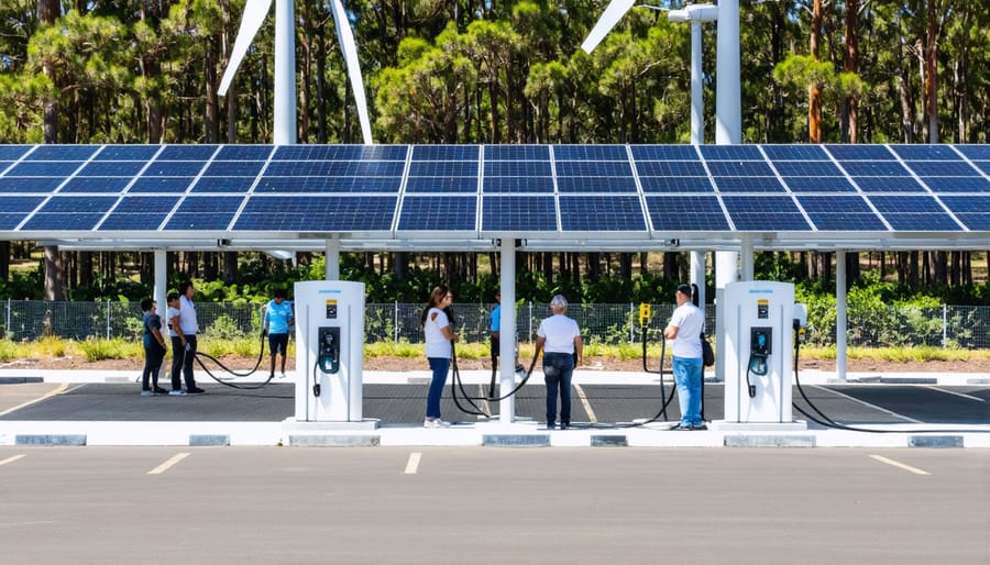 Community members gathering around electric vehicle charging stations powered by solar panels and wind turbines, symbolizing renewable energy adoption in Australia.