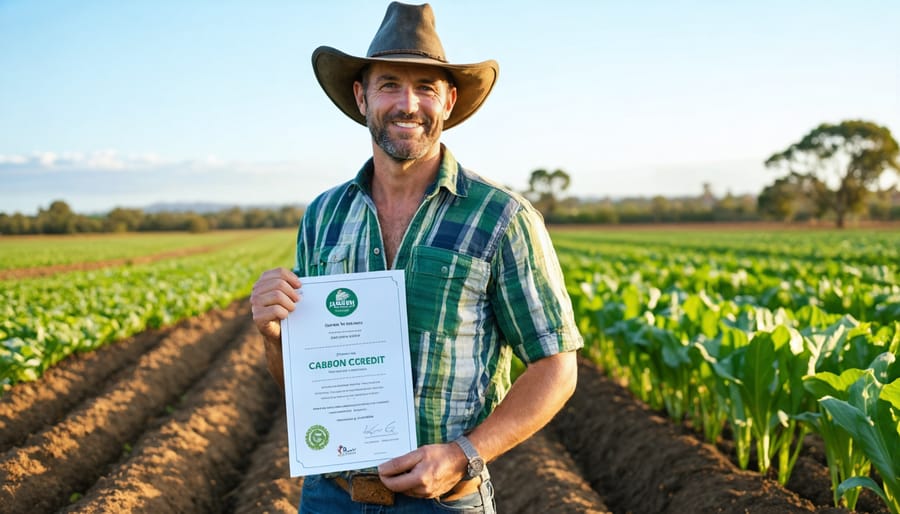 Successful Australian farmer displaying carbon credit certificate in front of their carbon-sequestering cropland