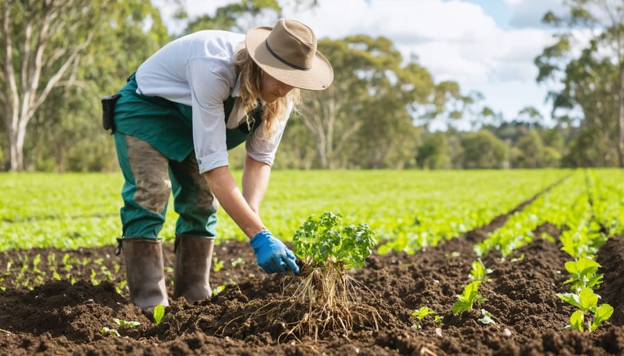 Farmer holding handful of rich, dark soil with visible root structure and organic matter