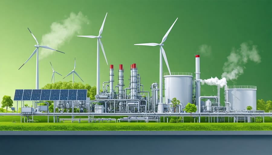 An Australian industrial facility featuring solar panels, biomass processing units, and wind turbines, symbolizing the integration of bioenergy solutions in traditional manufacturing processes.