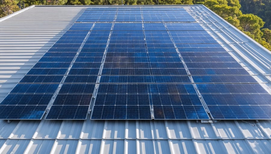 Aerial view of quantum dot solar panels installed on a modern Australian commercial building rooftop
