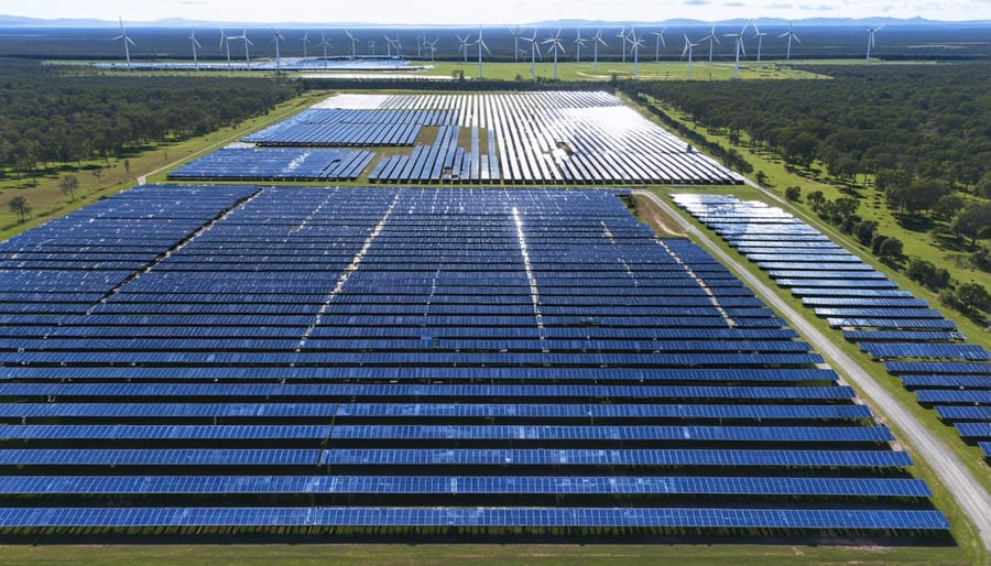 Solar panels and wind turbines in the Australian landscape showcasing renewable energy infrastructure