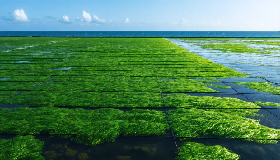 Aerial view of commercial seaweed farming arrays with boats harvesting kelp