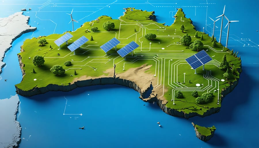 A conceptual illustration depicting Australia's smart grid with AI digital elements and renewable energy sources like solar panels and wind turbines across the landscape.