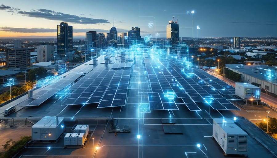 A futuristic illustration of an Australian city using smart microgrids, featuring solar panels, battery storage, and digital connectivity, symbolizing urban energy transformation and sustainability.