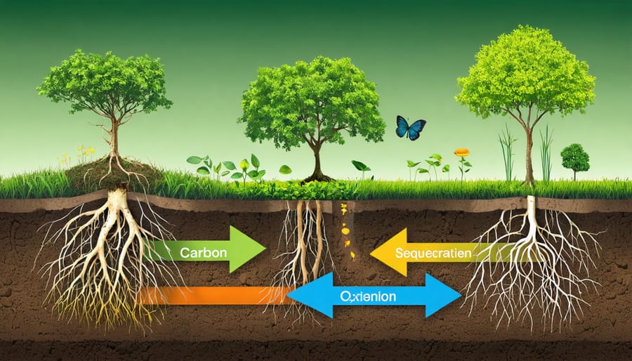 Conceptual illustration showing layers of soil with plant roots, organic matter, and microscopic organisms like fungi and bacteria, indicating their role in carbon storage. Arrows depict the movement of carbon from the atmosphere to the soil, with Australian farms in the background.