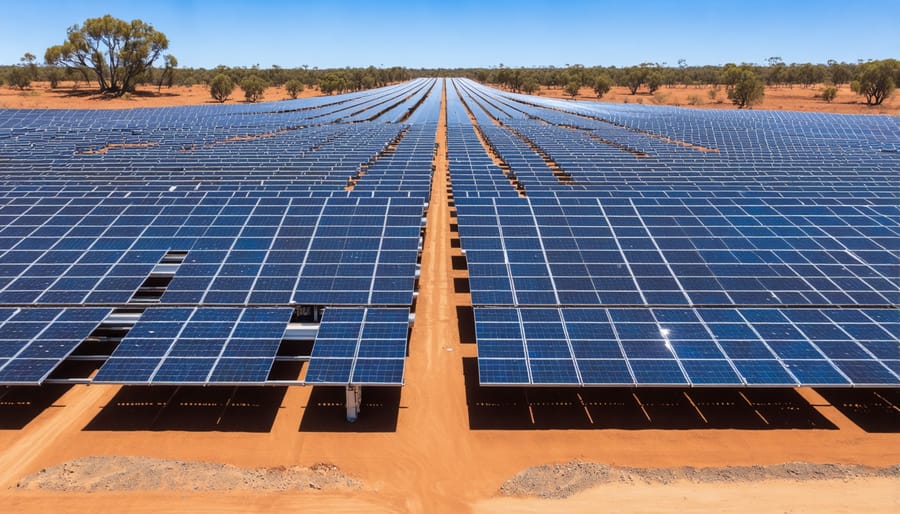 Solar panel array connected to battery storage system in rural Australia