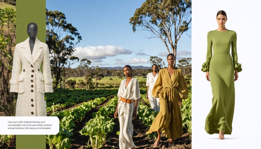 A diverse group of models wearing garments crafted from sustainable Australian textiles like organic cotton, hemp, Piñatex, and Mycelium leather, set against a backdrop of lush Australian landscape symbolizing eco-friendly fashion's future.