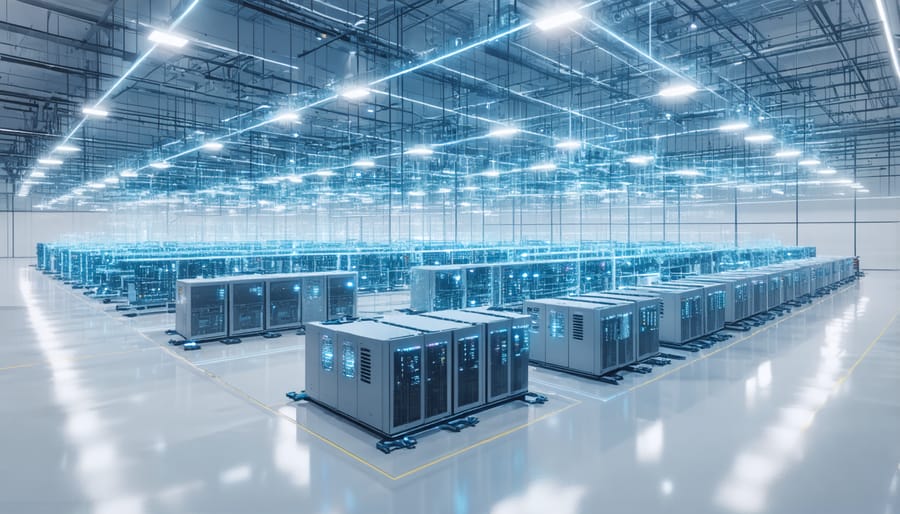 Digital twin interface displaying virtual model of battery manufacturing process with data analytics