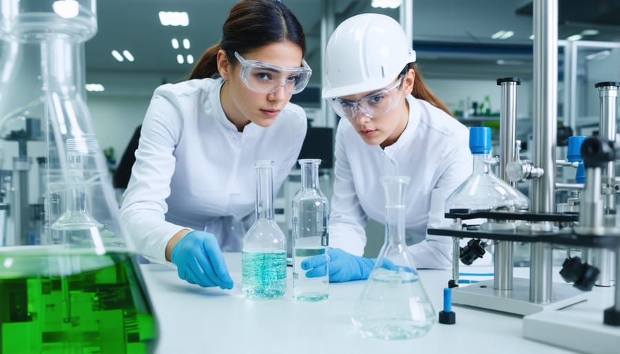 Scientists in laboratory setting working with biodiesel processing equipment
