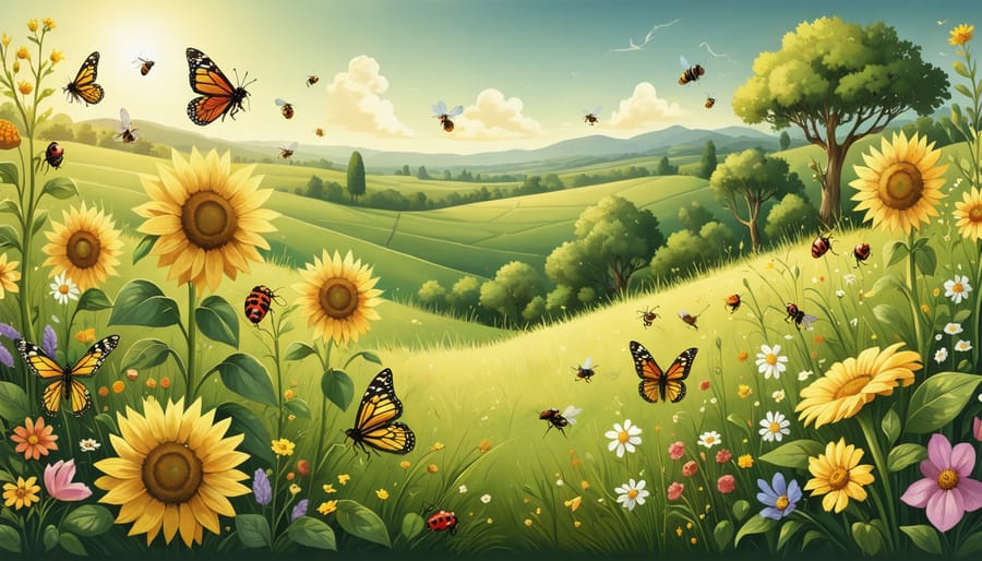 A thriving Australian farm landscape showcasing native pollinators and beneficial insects interacting with bioenergy crops like sunflowers and canola, surrounded by lush native vegetation corridors enhancing biodiversity.