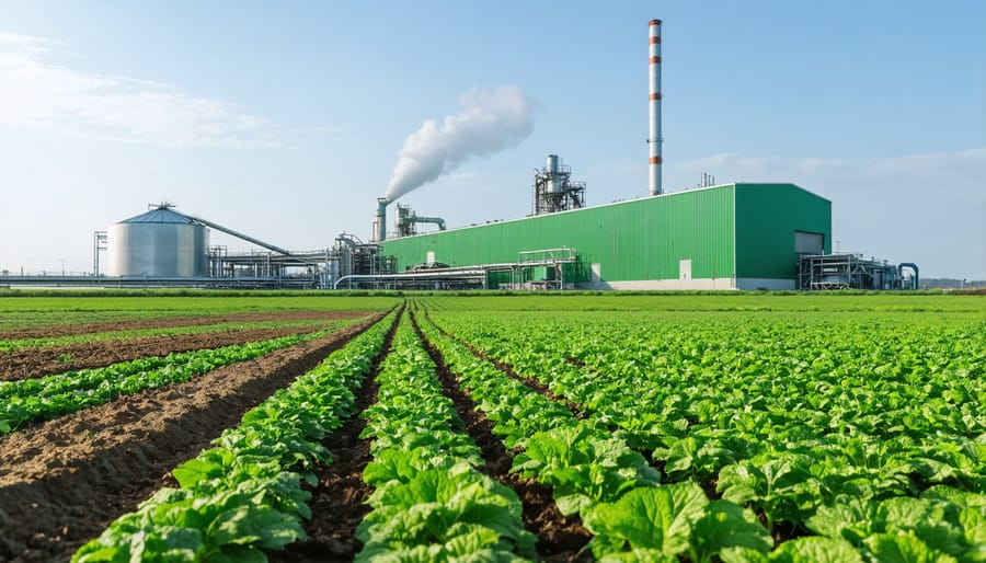 Modern bioenergy plant processing agricultural biomass with storage silos and processing equipment