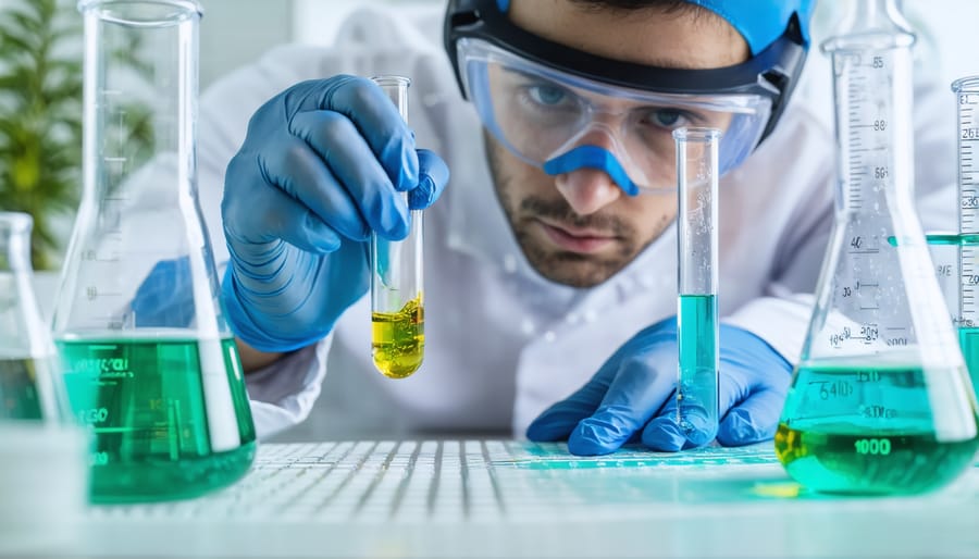 Young apprentice analyzing biofuel samples under supervision in a quality control lab
