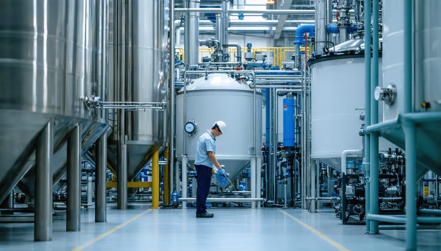 Technician monitoring biofuel production equipment in an industrial setting