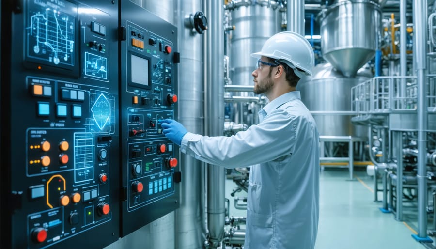 Professional technician operating digital control systems at a biofuel processing plant