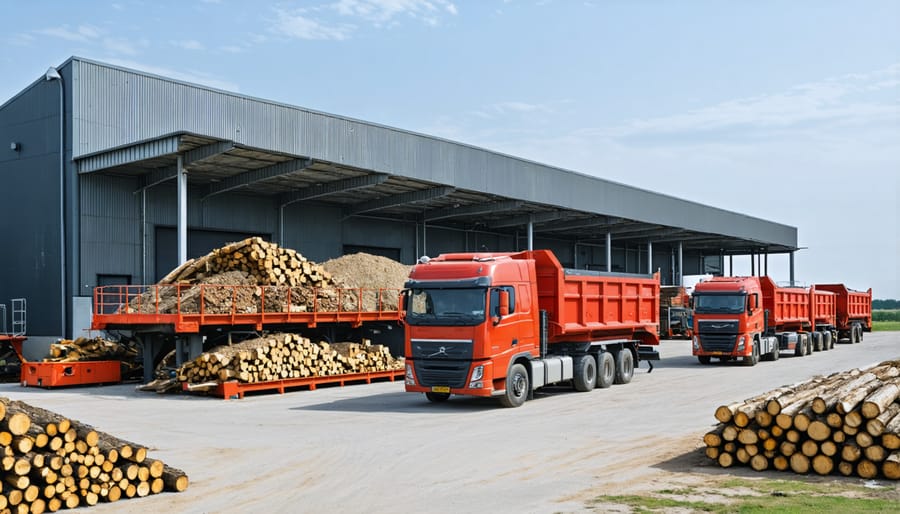 Industrial biomass processing facility showing material handling and storage operations
