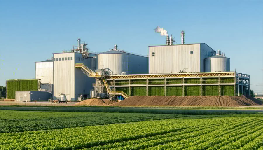 Industrial facility with conveyor systems processing agricultural biomass for energy production