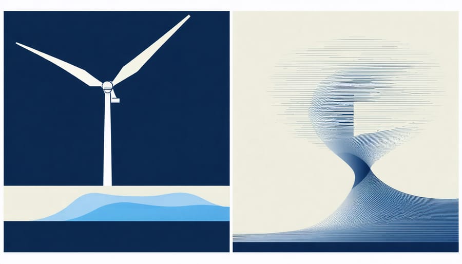 Comparative illustration showing traditional wind turbine next to innovative bladeless vortex turbine design