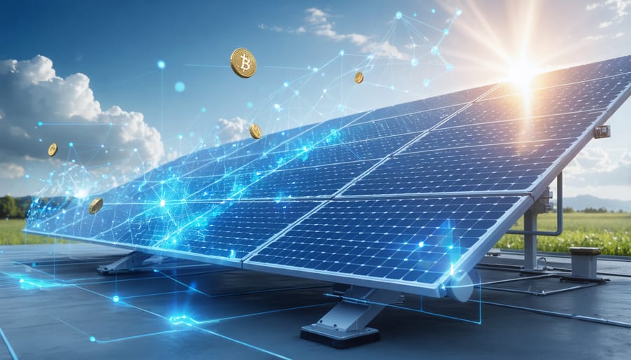 Illustration depicting a solar panel connected to a blockchain network through smart contracts and digital tokens, symbolizing renewable energy transactions in Australia's landscape.