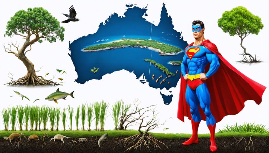 Conceptual illustration of Australia's coastal ecosystems, including mangroves, seagrasses, and saltmarshes, depicted as superheroes against a backdrop of a climate map of Australia.