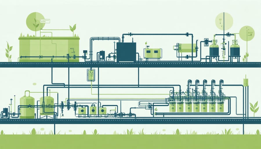 Detailed schematic showing water recycling and treatment processes in bioenergy production