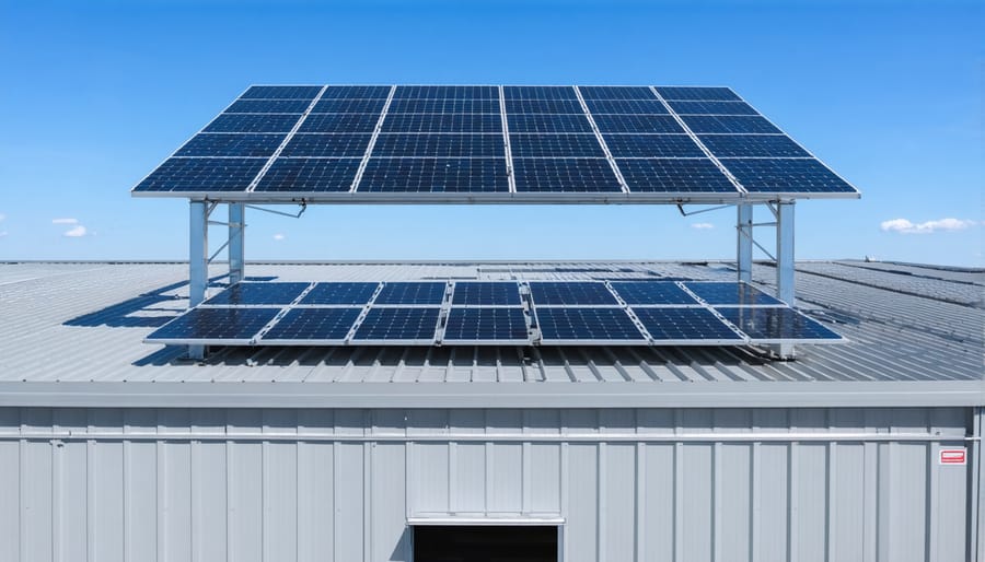 Aerial view of commercial building featuring solar panel installation and battery storage units