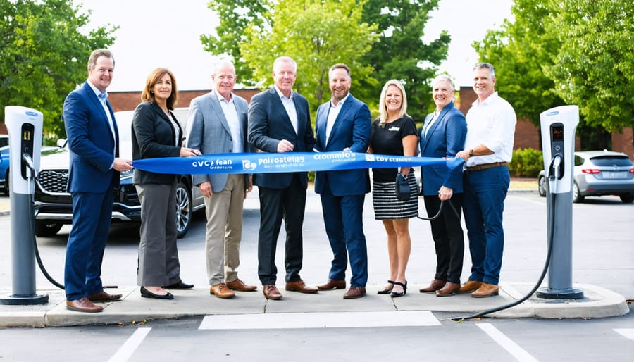 Group of diverse community members celebrating the opening of a new EV charging station