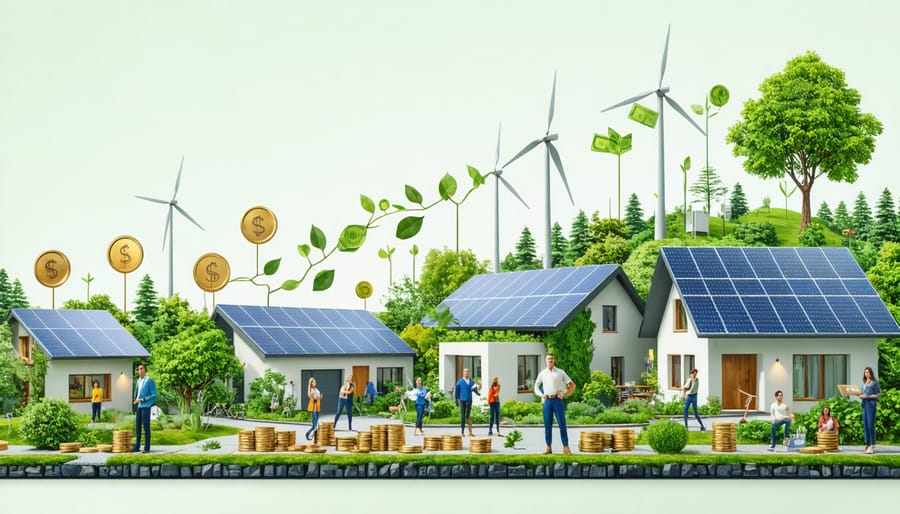 Conceptual image showing a neighborhood with solar panels and wind turbines, symbolizing community-driven renewable energy projects in Australia, with residents actively participating and investing.
