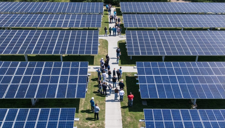 Bird's eye view of solar panels with community members walking through the installation