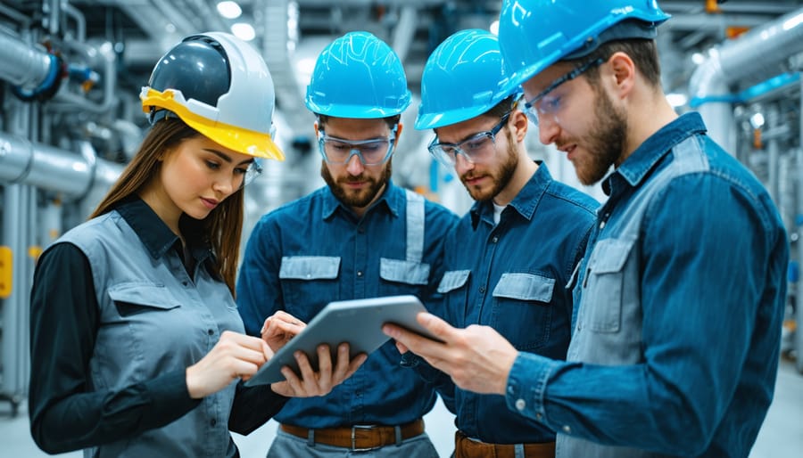 Diverse group of professionals using tablets and smartphones to monitor renewable energy systems