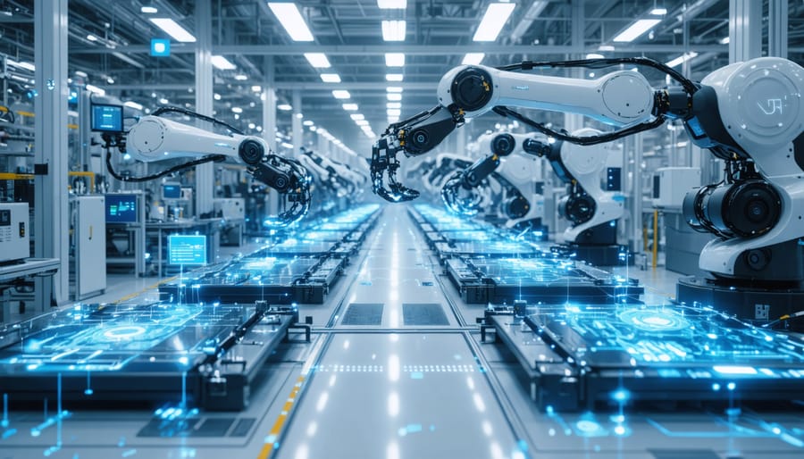 A high-tech Australian battery manufacturing facility with robotic arms assembling lithium-ion cells and digital data overlays representing AI-driven analytics and smart manufacturing processes.