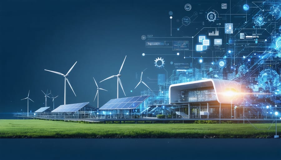 Conceptual illustration showing a futuristic Australian energy facility with digital elements like data analytics and smart technology integrated with wind turbines and solar panels, symbolizing the synergy between digital transformation and sustainable energy.