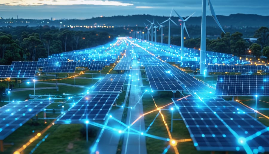 A conceptual illustration showing the integration of electric vehicle charging networks into Australia's urban power grid. The image features EV charging stations interconnected with solar panels and wind turbines, symbolizing the shift towards renewable energy and smart grid technology.