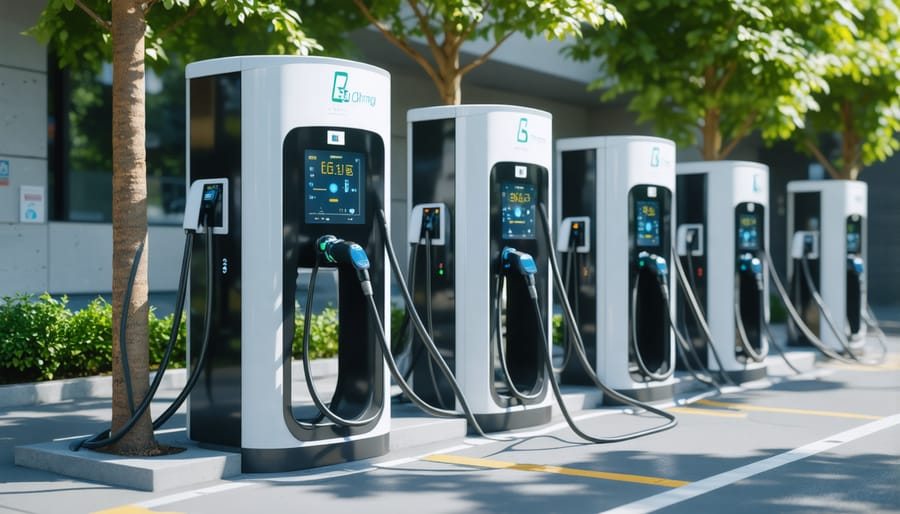 Electric vehicle charging hub with multiple charging stations in a city environment