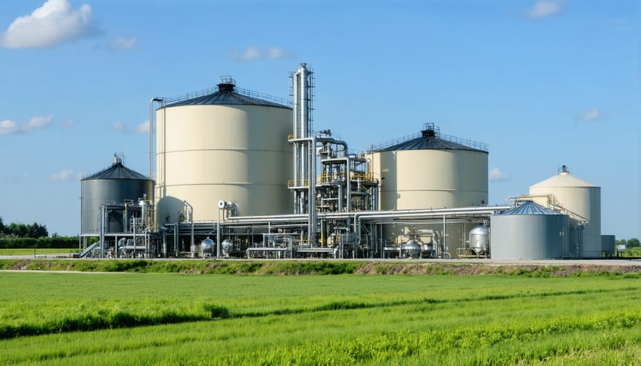 Large-scale biogas installation at an Australian food processing facility with visible digester tanks and piping