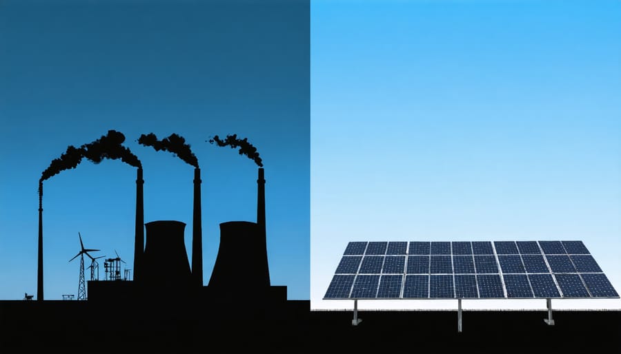 Side-by-side comparison of coal power plant emissions and clean solar farm installation