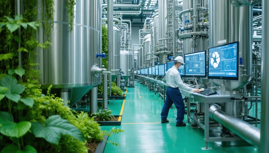 Biofuel processing technician operating advanced equipment in a cutting-edge facility, surrounded by digital control systems and eco-friendly symbols, emphasizing renewable energy and sustainability.