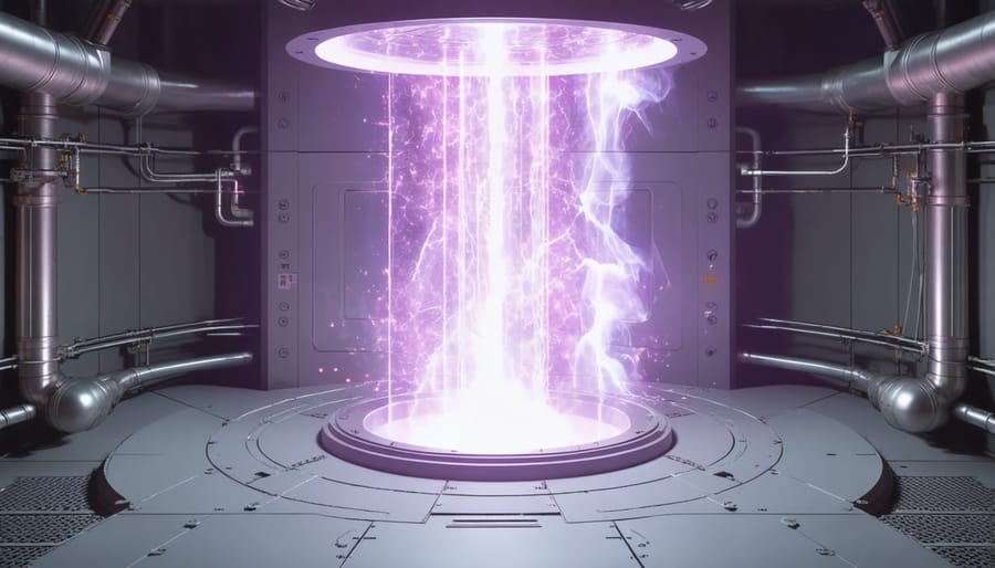 Cutaway illustration of a nuclear fusion reactor with visible magnetic containment fields and plasma core