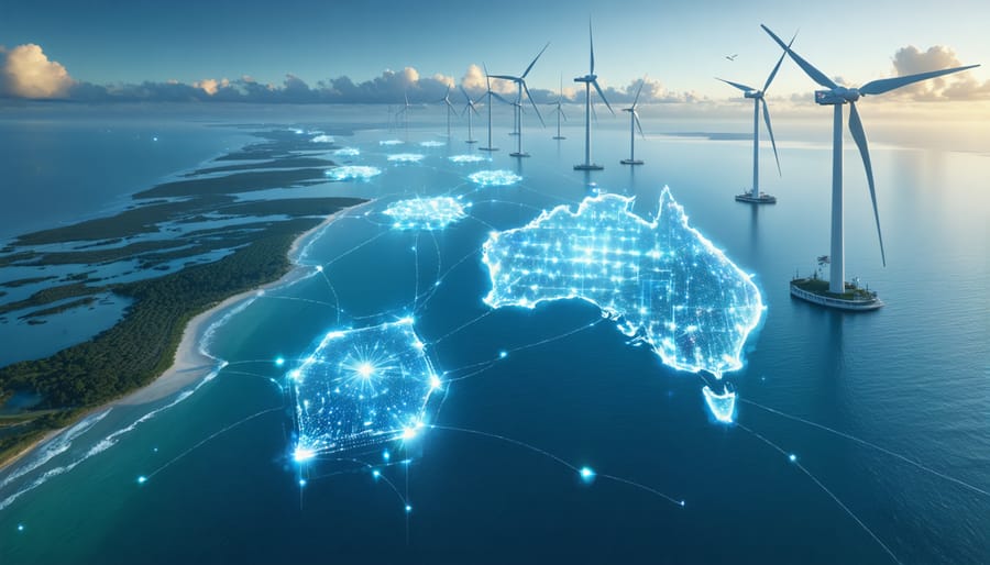 Artist's impression of advanced floating wind turbines along Australia's coast, illustrating the integration of futuristic technology and natural landscapes for sustainable energy.