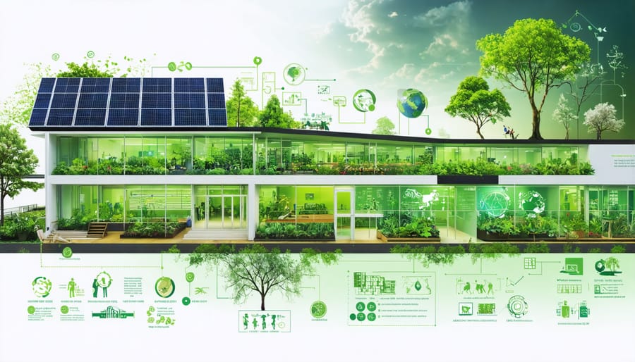 Conceptual illustration of a school as a green learning hub, featuring solar panels, student teams, gardens, and digital devices with environmental data, symbolizing sustainability integration in education.
