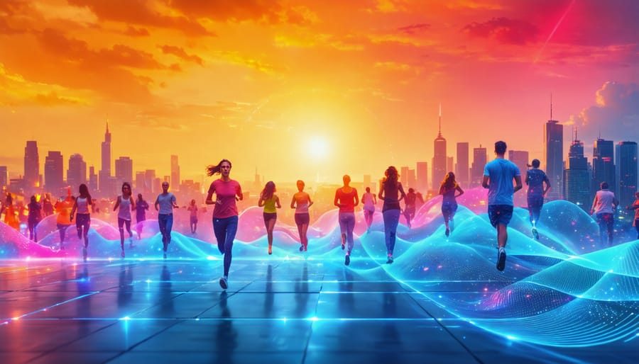 Illustration depicting people engaged in activities like jogging and dancing, generating energy that flows into urban infrastructure, symbolizing human energy powering smart city elements, set against an Australian city backdrop.