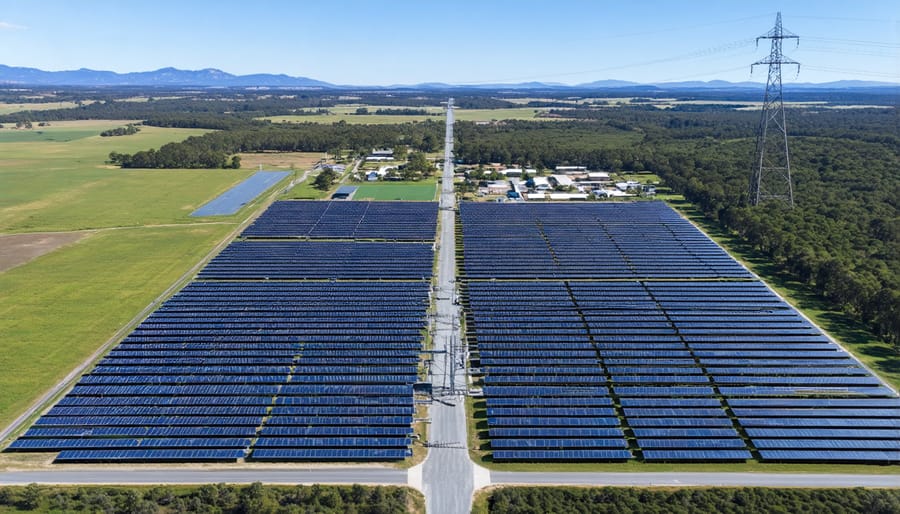Smart grid infrastructure network showing interconnected renewable energy sources and communication systems in Hunter Valley, Australia
