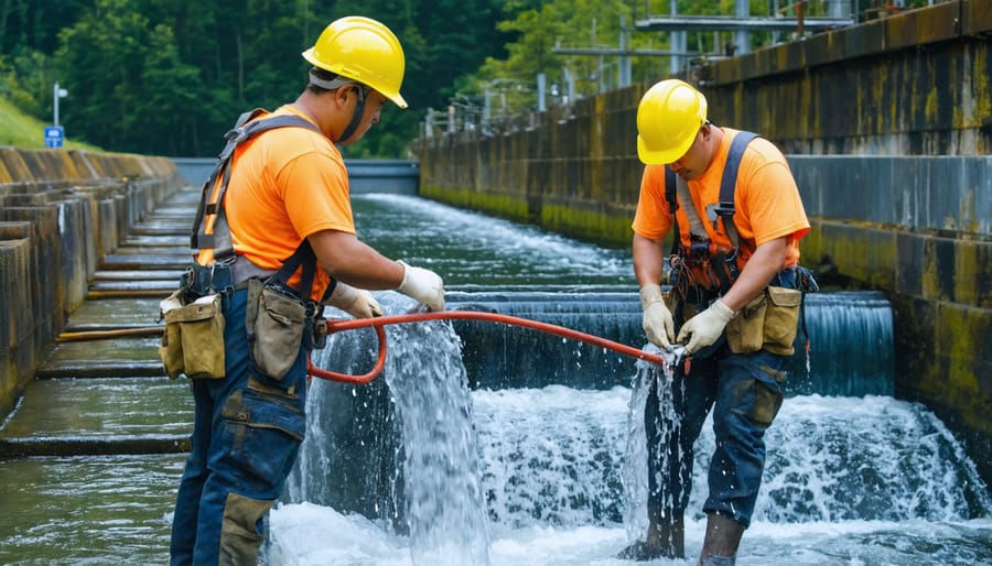 Indigenous technicians working on hydropower turbine maintenance