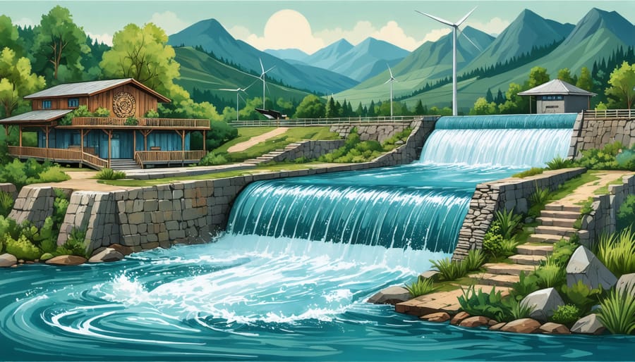 Conceptual illustration of Indigenous-managed hydropower facility blending traditional water management practices with modern technology, set in a vibrant natural landscape.
