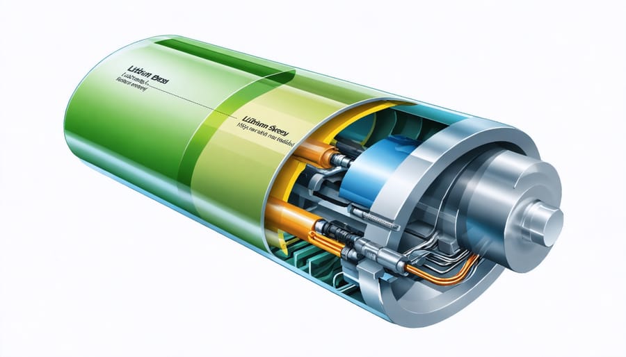Technical illustration showing the internal structure and components of an advanced lithium-ion battery system